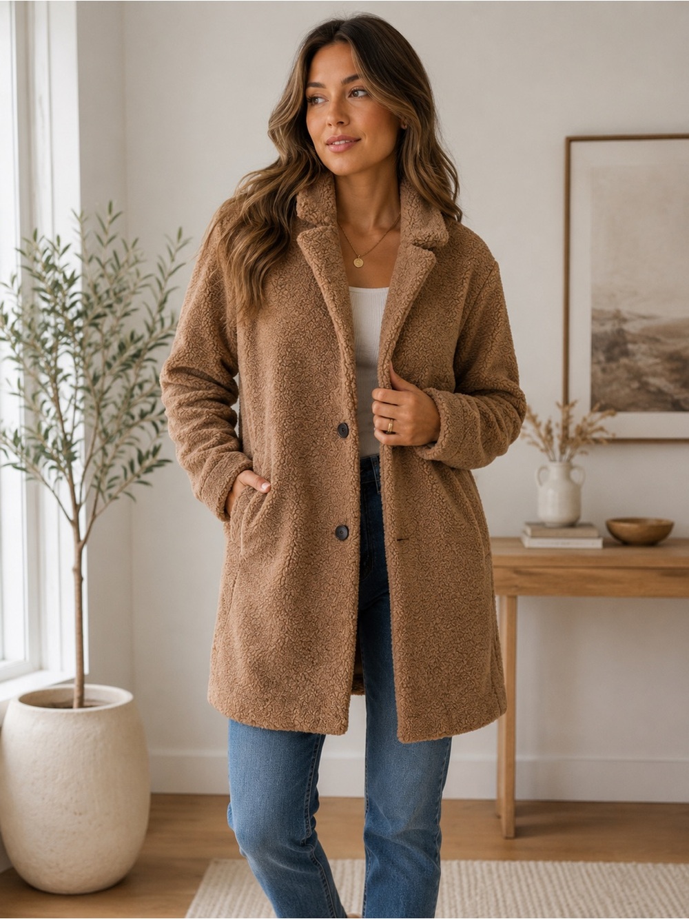Daily Ritual Teddy Bear Coat Womens XS Brown Faux Shearling Mid‎ Length Jacket